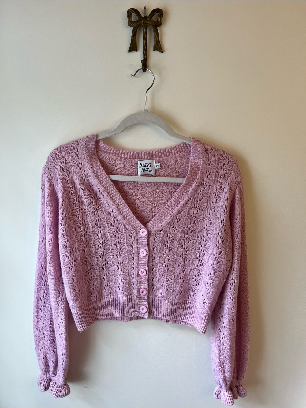 Princess Polly Pink Cropped Cardigan Knit Balloon Sleeves S/M Y2K Coquette